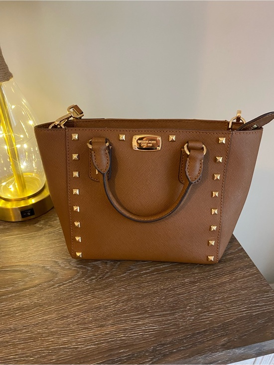 Michael Kors Handbags - Michael Kors Brown Studded Saffiano Leather Mini Satchel with Gold Hardware!